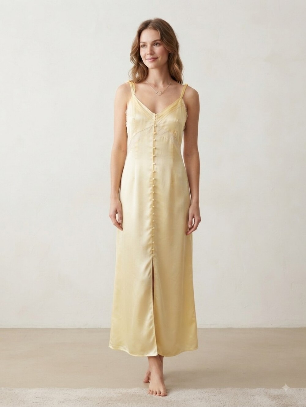 Divided Pale Yellow Satin Slip Maxi Dress with Front Buttons
